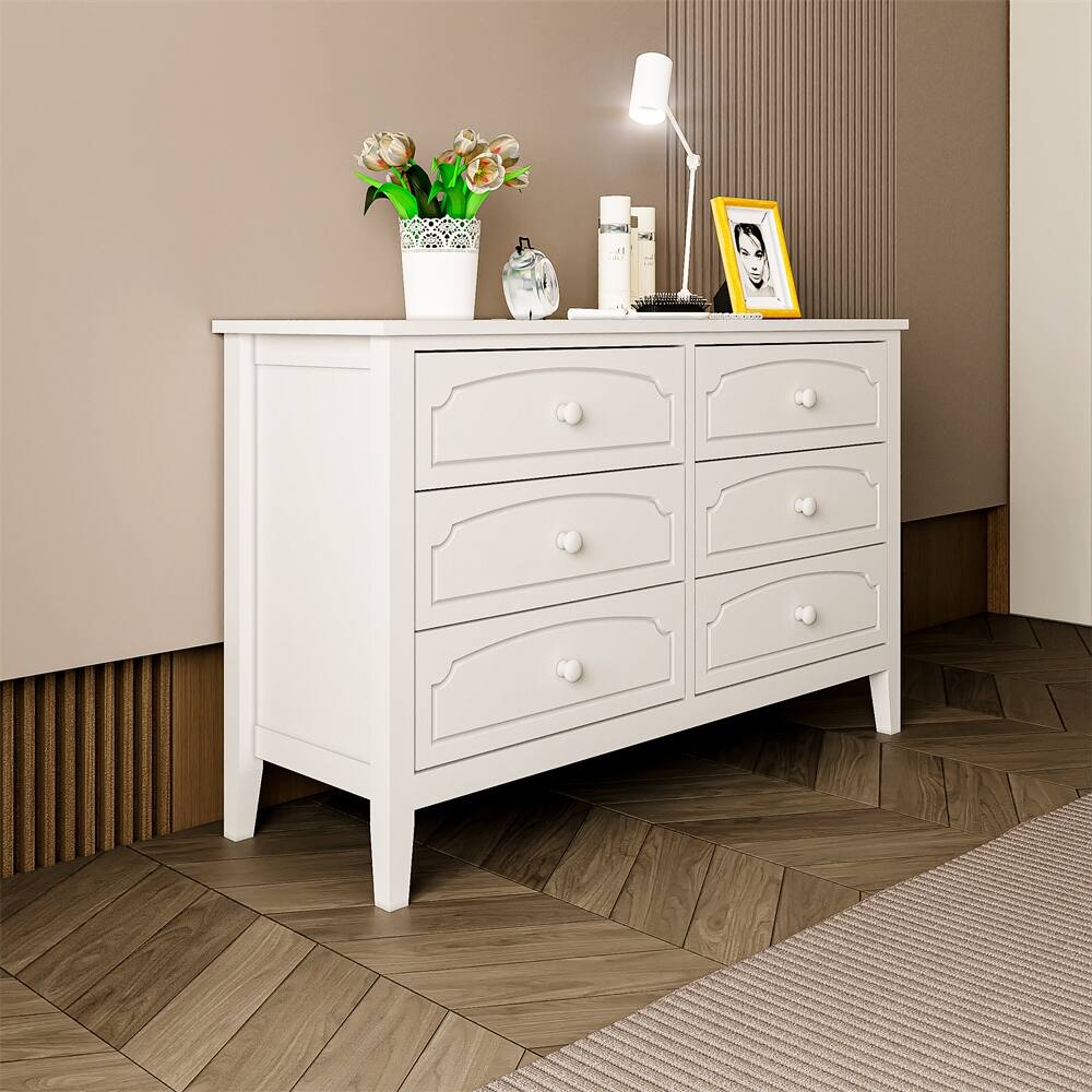 White Contemporary Roman Style Solid Wood 6 Drawers Dresser