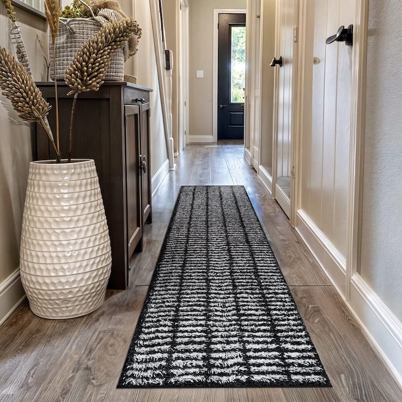 Bohemian Stripe Lines Shag Rug - Textured Surface - Anthracite Dark Gray - Easy to Clean - Anthracite - 2' 3" x 12'