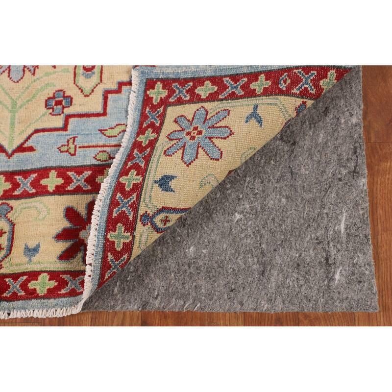 Light Blue Geometric Kazak Rug Hand-Knotted Bedroom Wool Carpet - 4'2" x 5'8"