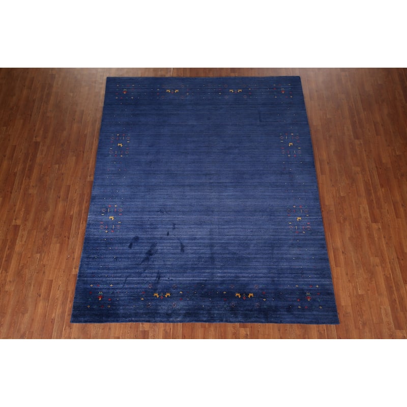 Royal Blue Striped Gabbeh Oriental Area Rug Handmade Silk Carpet - 7'8"x 9'5"