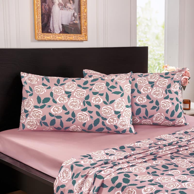 Deconovo Recycled Roses Bouquet Bedroom Sheet Set 4 Pieces - Queen - Pink-Rose Bouquet