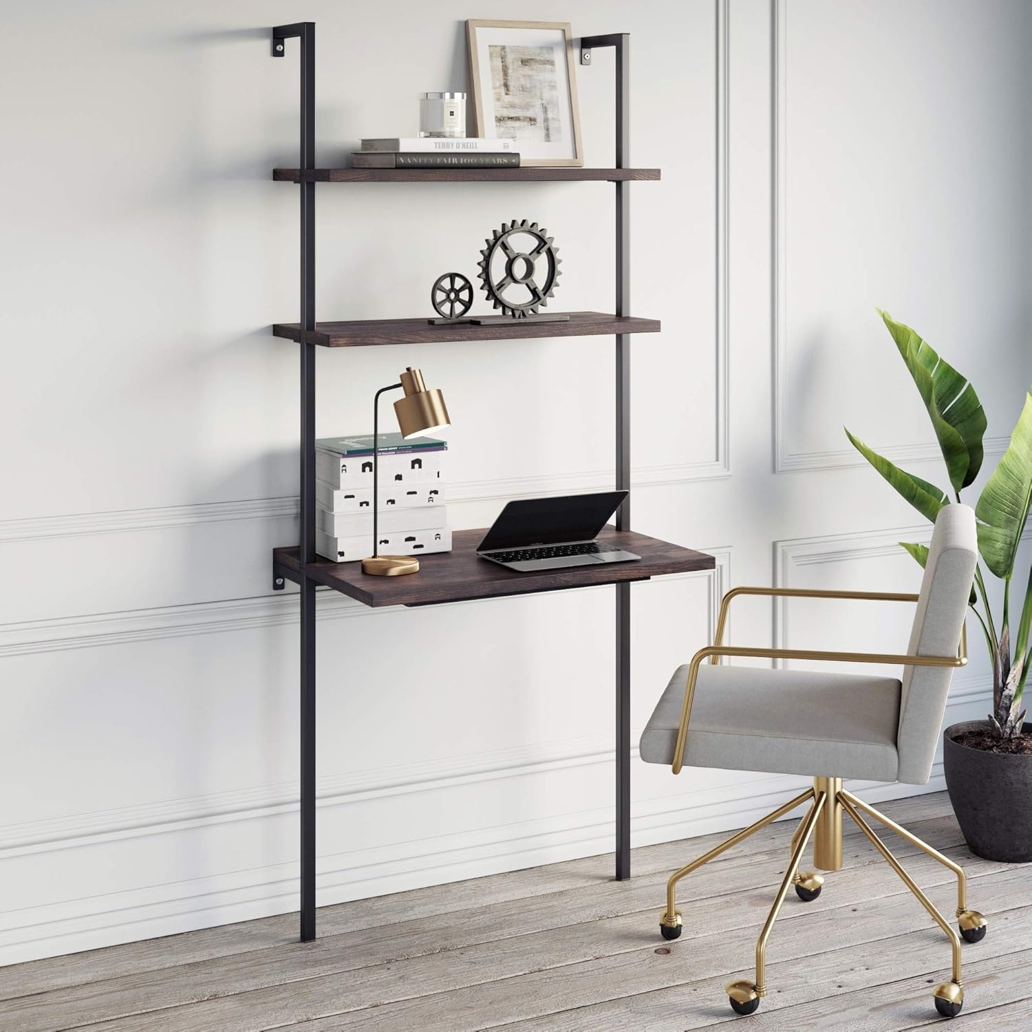 2-Shelf Industrial Wall Mount Ladder Desk, Space-Saving Nutmeg/Black Writing Table