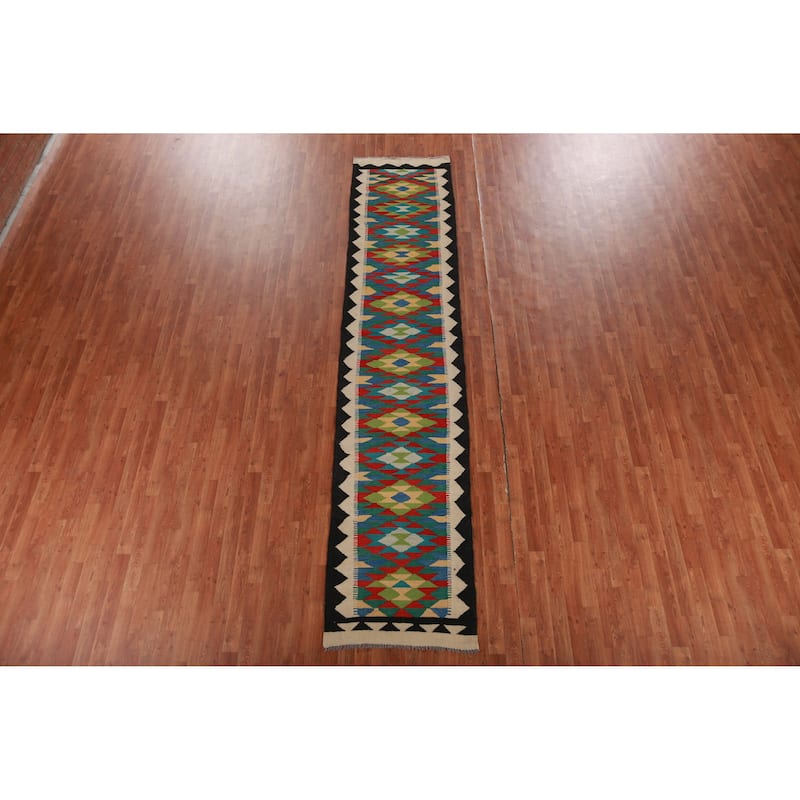 Hand Woven Oriental 100% Wool Carpet Southwestern Geometric Multi-Colored Kilim Runner Rug - 12' 8'' X 2' 8''