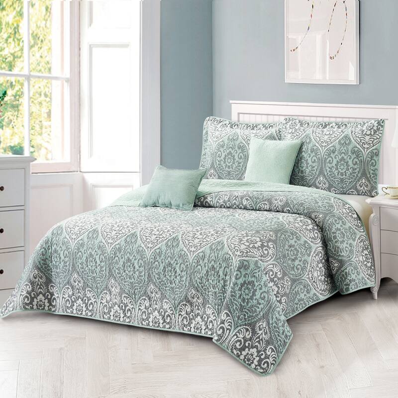 Home Soft Things 5 Piece Kingston Damask Printed Microfiber Quilts - California King