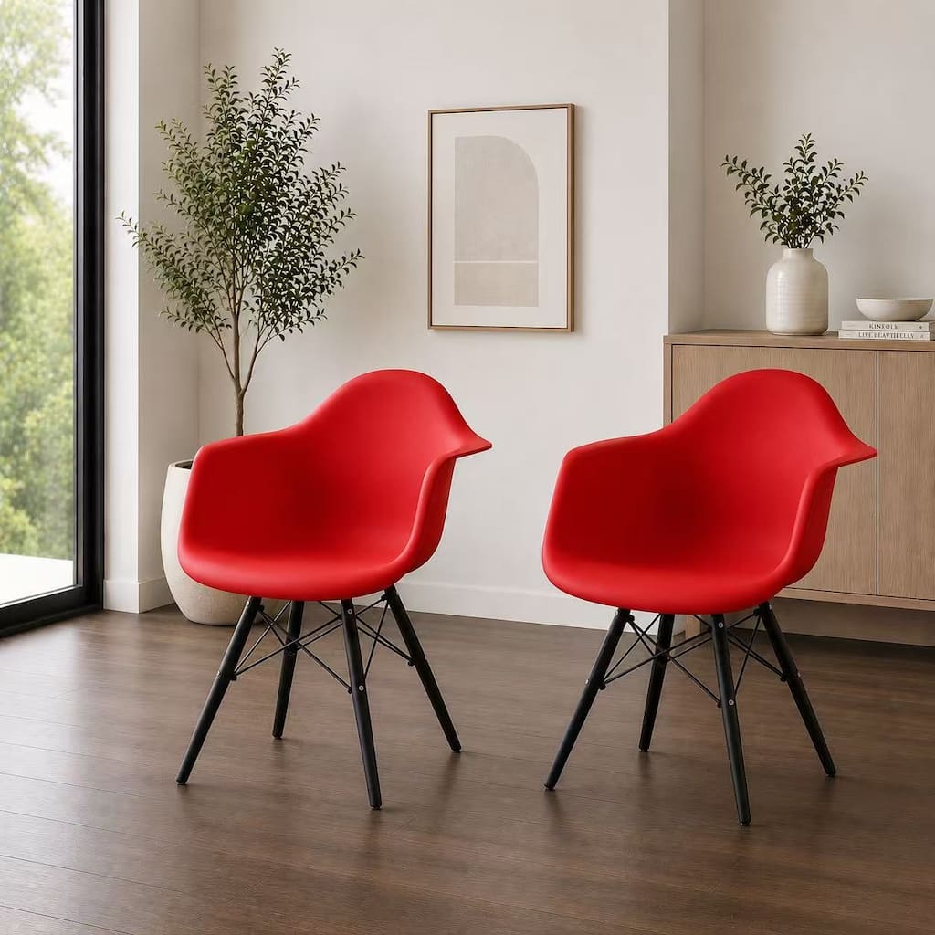 Set of 2 Molded Shell Eiffel Dining Arm Chairs - Mid-Century Modern Accent Chairs with Wood Legs