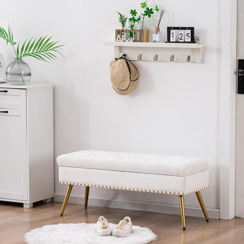 Velvet Storage Ottoman Bench with gold legs and Nailhead Trim for Bedroom/End of Bed/Entryway/Window