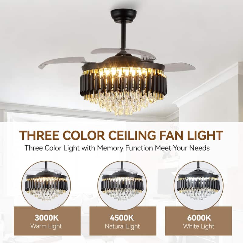 48" Crystal Fandelier Ceiling Fan with Light and Retractable Blades LED Dimmable for Bedroom Living Room - 48 Inches