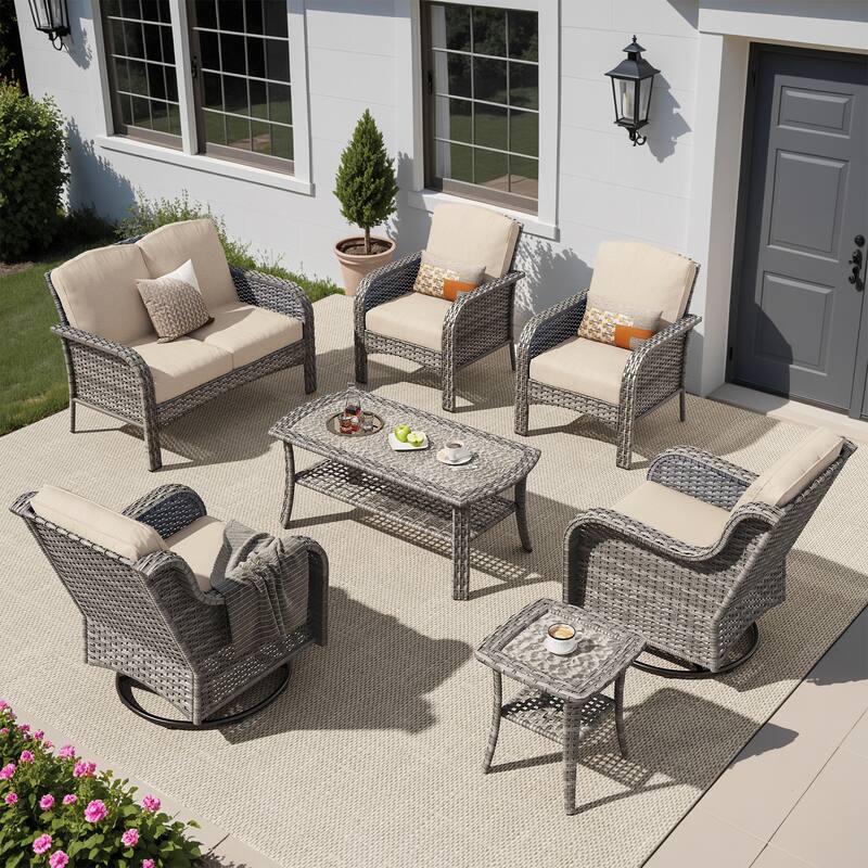 OVIOS 7 Pieces Outdoor Patio Swivel Chair Loveseat Conversation Set - Beige