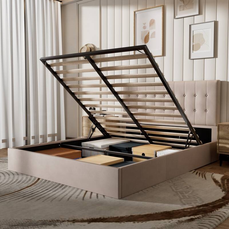 Plywood Frame Upholstered Platform Bed with Lift-up Storage