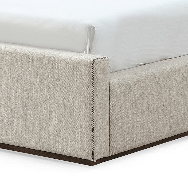 Reza King Size Platform Bed, Sleigh Headboard, Low Profile, Beige Linen