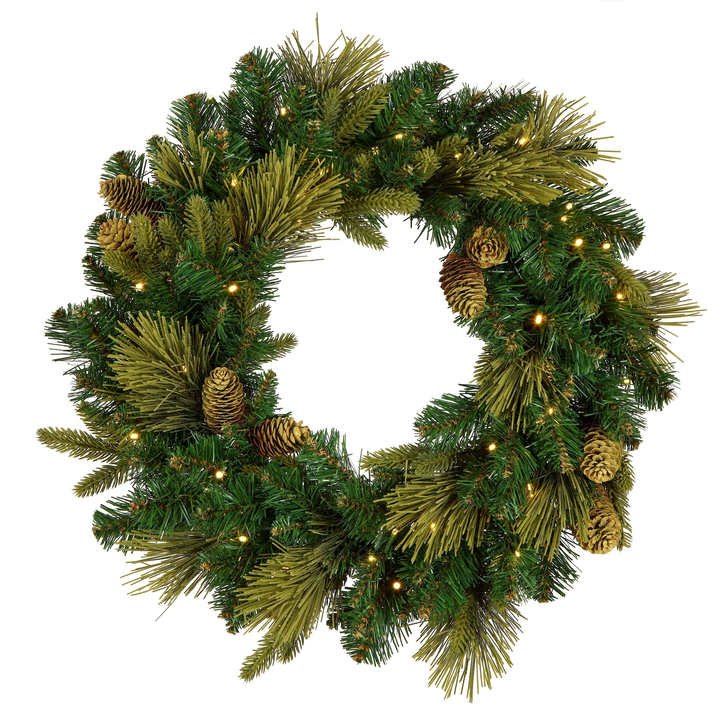 National Tree Company 24 in. Carolina Pine Wreath with 10 Flocked Cones and 50 Warm White Battery Operated LED Lights - 2 ft