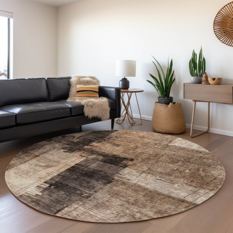 Machine Washable Indoor/ Outdoor Abstract Contemporary Chantille Rug - Brown - 8' x 8'