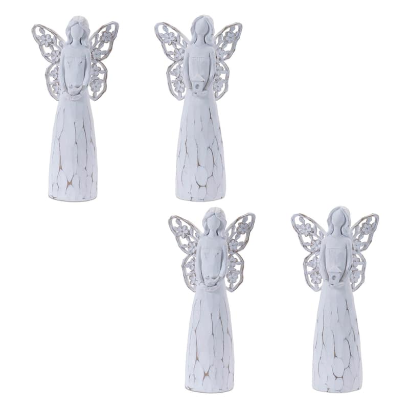 HomeRoots Set of Four White Polyresin Floral Wing Angel Figurines - 4.90 in. x 10.25 in. x 3.15 in.