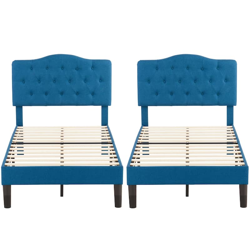 VECELO Modern Upholstered Kids Bed with Height Adjustable Tufted Headboard,Twin Size Bed Set of 2 - Blue