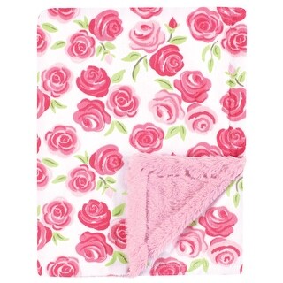 Hudson Baby Girls Plush Blanket with Furry Binding and Back, Pink Roses, One Size - Pink Roses - One Size