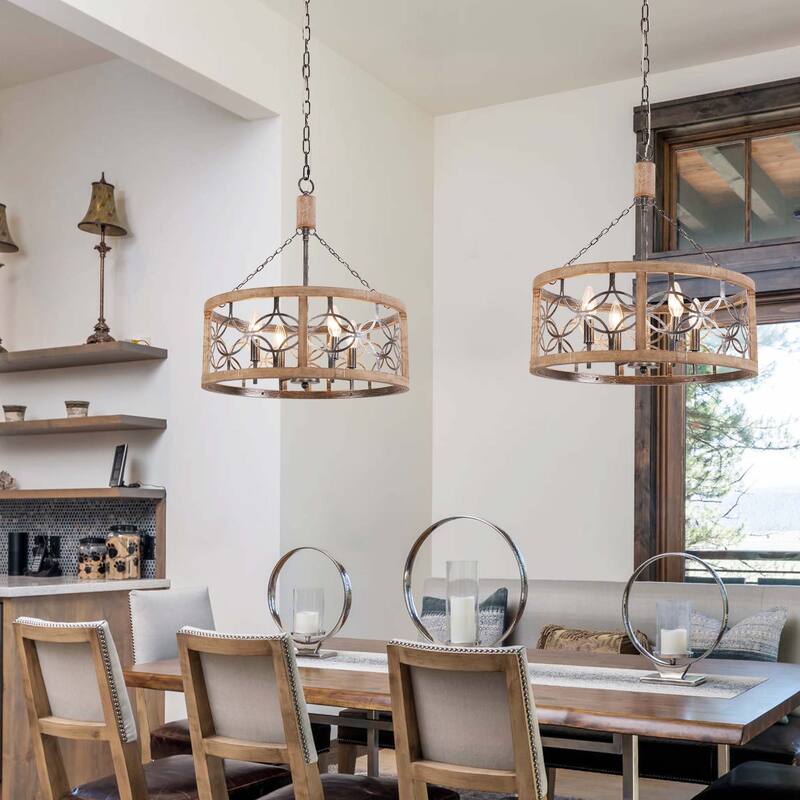 Oaks Aura Rustic Farmhouse 4-Light Wood Ceiling Light Drum Shabby Chic Wood Chandelier