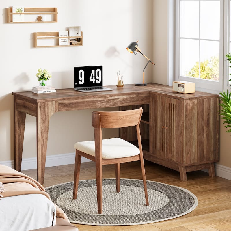 L-Shaped Desk with Storage Cabinet, 57-Inch Wood Corner Workstation