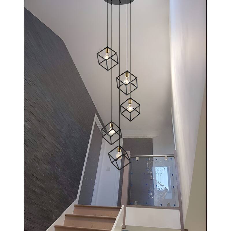 5-Light Chandelier, Geometric Square/Cube Cluster Pendant Lights with Adjustable Height