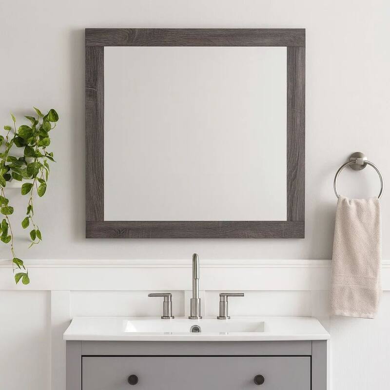 Transitional Style Grained Wood Encased Square Mirror, Gray
