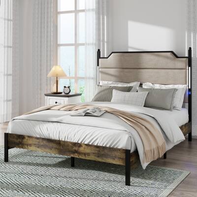 53.15" Tall Headboard Bed, Upholstered Headboard with Charging Station and LED, Heavy Duty Metal Platform Bed with Wood Slat