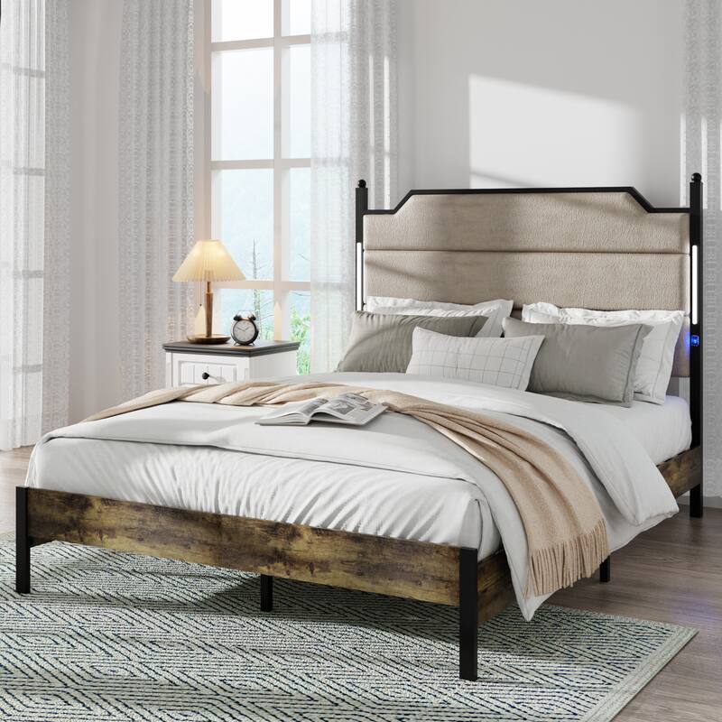 Queen Size bed Frame with Upholstered Headboard , Queen bed Frame with Charging Station and LED Lights, Wood Slats - Brown