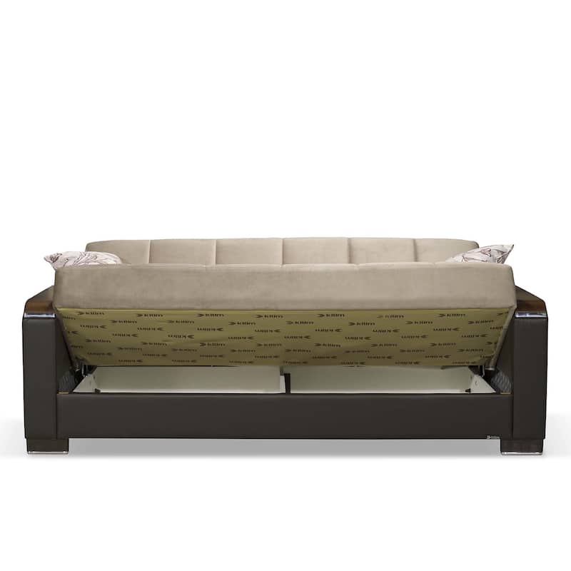 HomeRoots 87" Brown And Sand Chenille And Faux Leather Convertible Futon Sleeper Sofa With Toss Pillows And Storage