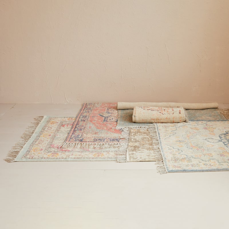 Cotton Chenille Distressed Print Rug with Fringe