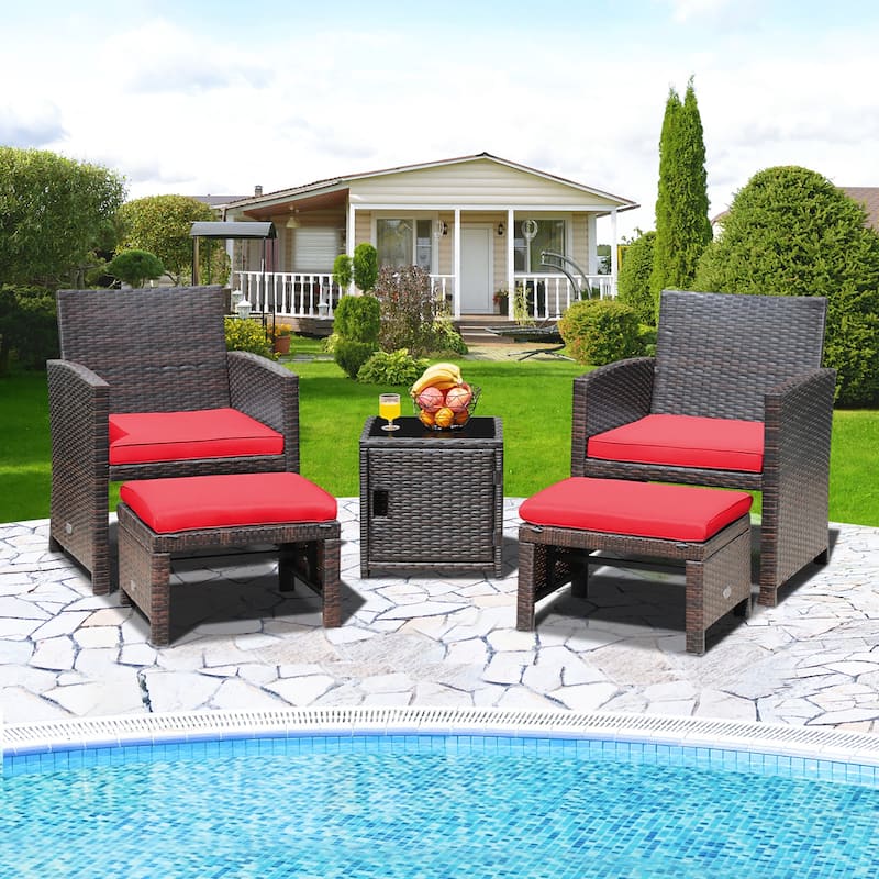 Costway 5PCS Patio Rattan Furniture Set Ottoman Cushioned W/Cover - See Details - Red