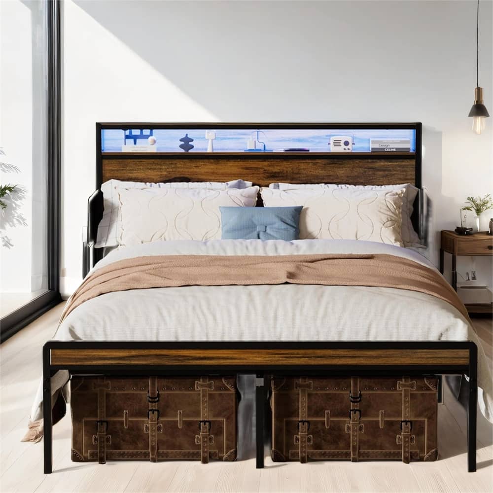 Queen Size LED Metal Bed Frame with Headboard and Charging Station