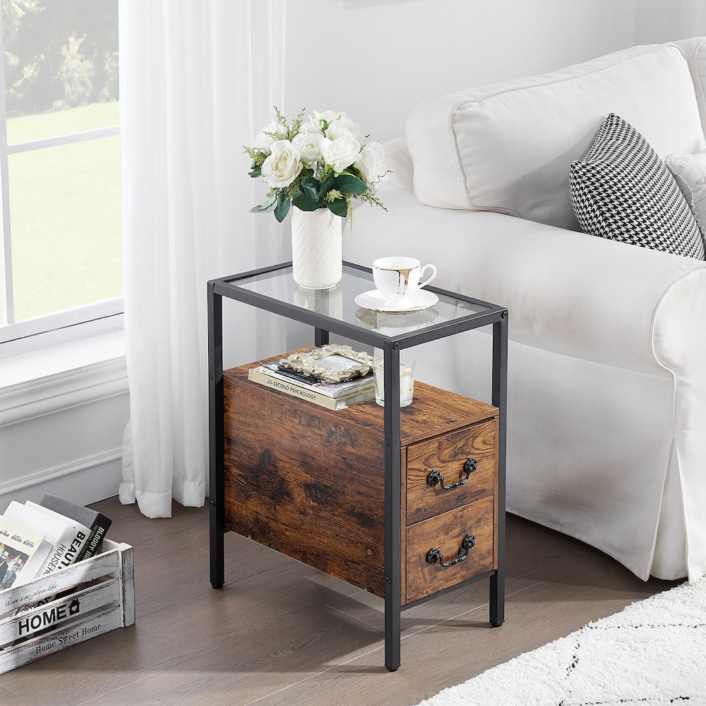 2-Drawer Modern End Tables with Glass Top, Narrow Side Tables with Drawers, Nightstand Set of 2 for Small Spaces