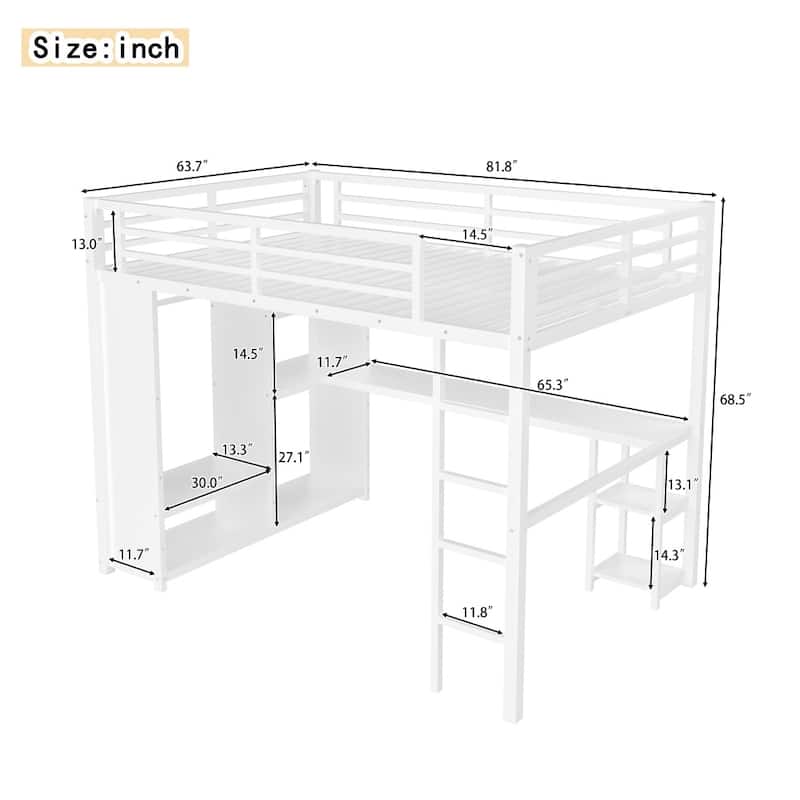 Queen Size Loft Bed Frame with Built-in Wardrobe,Desk and Storage Shelves