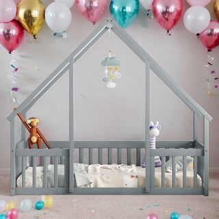 Kids Furniture Twin Size Wood House-Shaped Floor Bed Kids Bed with Fence and Guardrails, Grey
