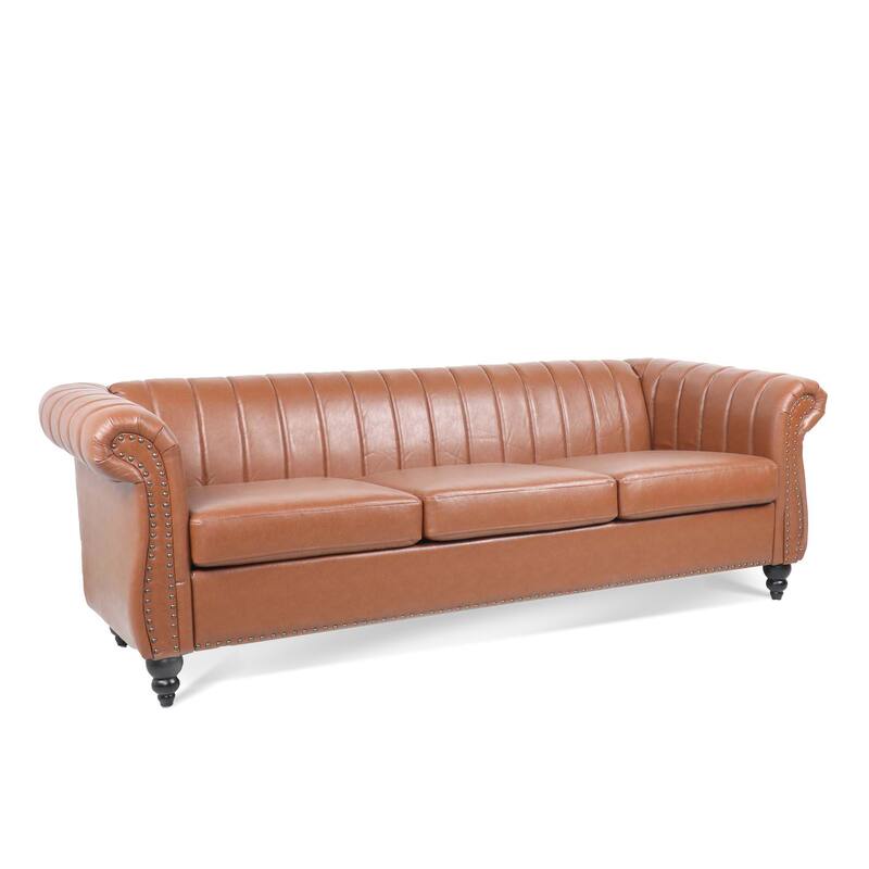 Chesterfield Sofa 83.46" with PU Leather, Quilted Backrest, Birch Legs