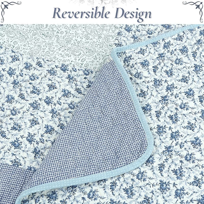 Cozy Line Subtle Blue Checker Cottage Floral Stripe Cotton 3 Piece Patchwork Quilt Bedding Set