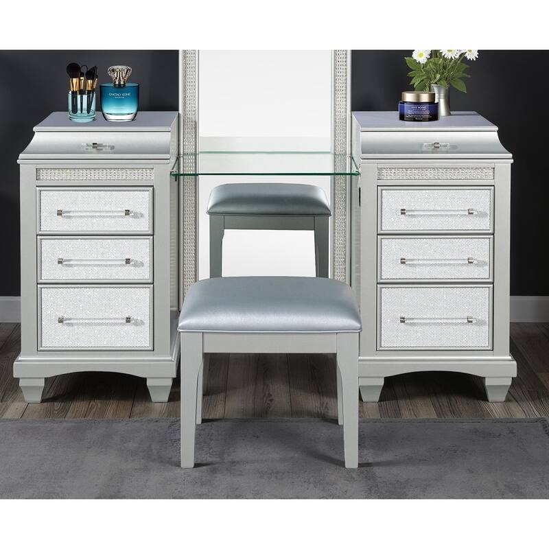 Glam Style Vanity w/ Stool Set - Grey
