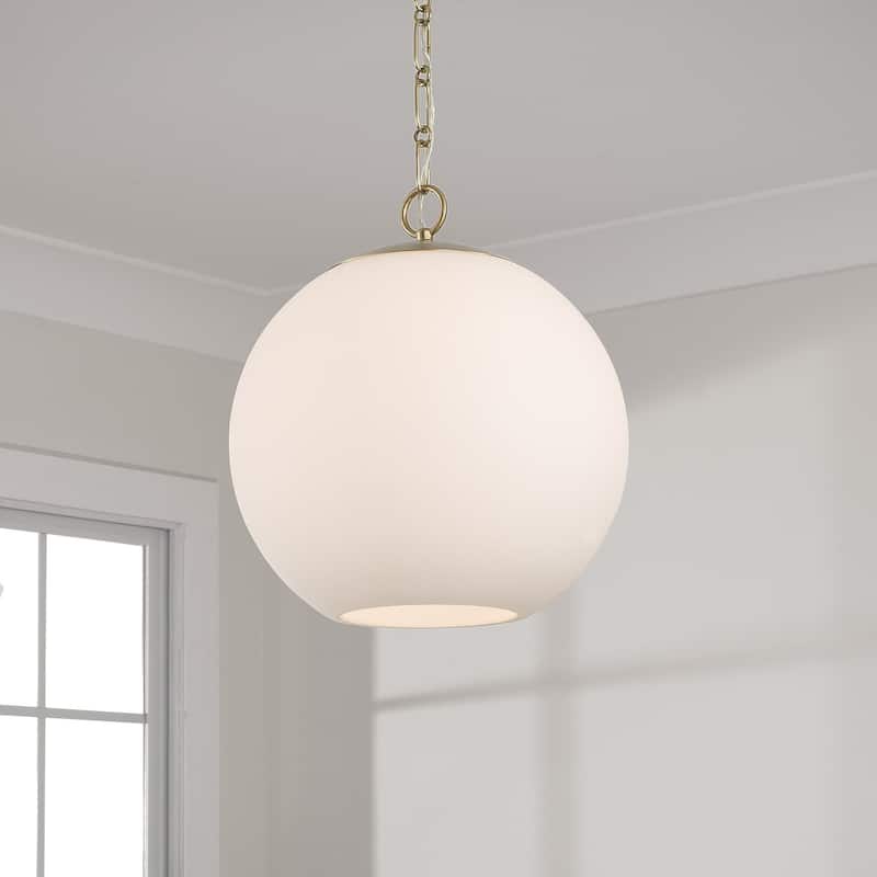 13.75" W x 15.25" H 1-Light Globe Pendant in Matte Brass with Soft White Glass and Alternating Loop Designer Chain