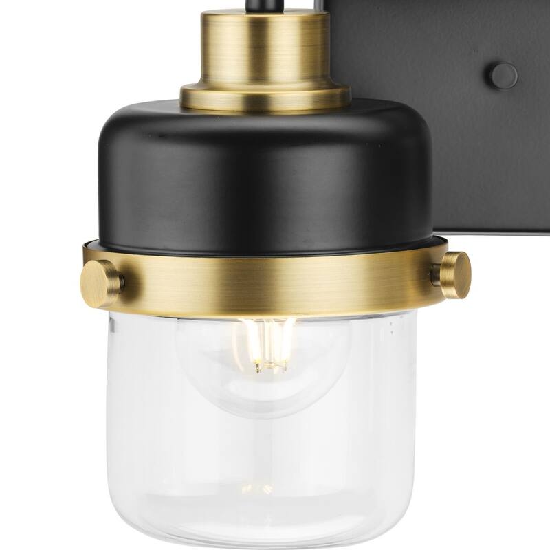 Beckner Collection Two-Light Matte Black Clear Glass Urban Industrial Bath Light with Vintage Brass Accents