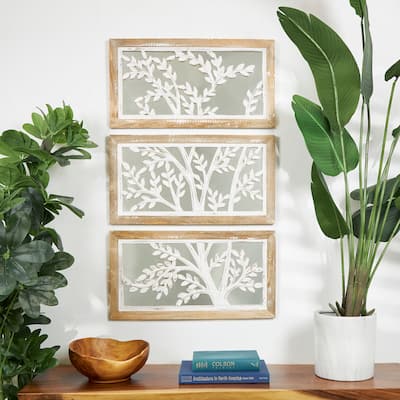 White Mango Wood Tree Home Wall Decor with Brown Frames and Mirrored Backing (Set of 3)