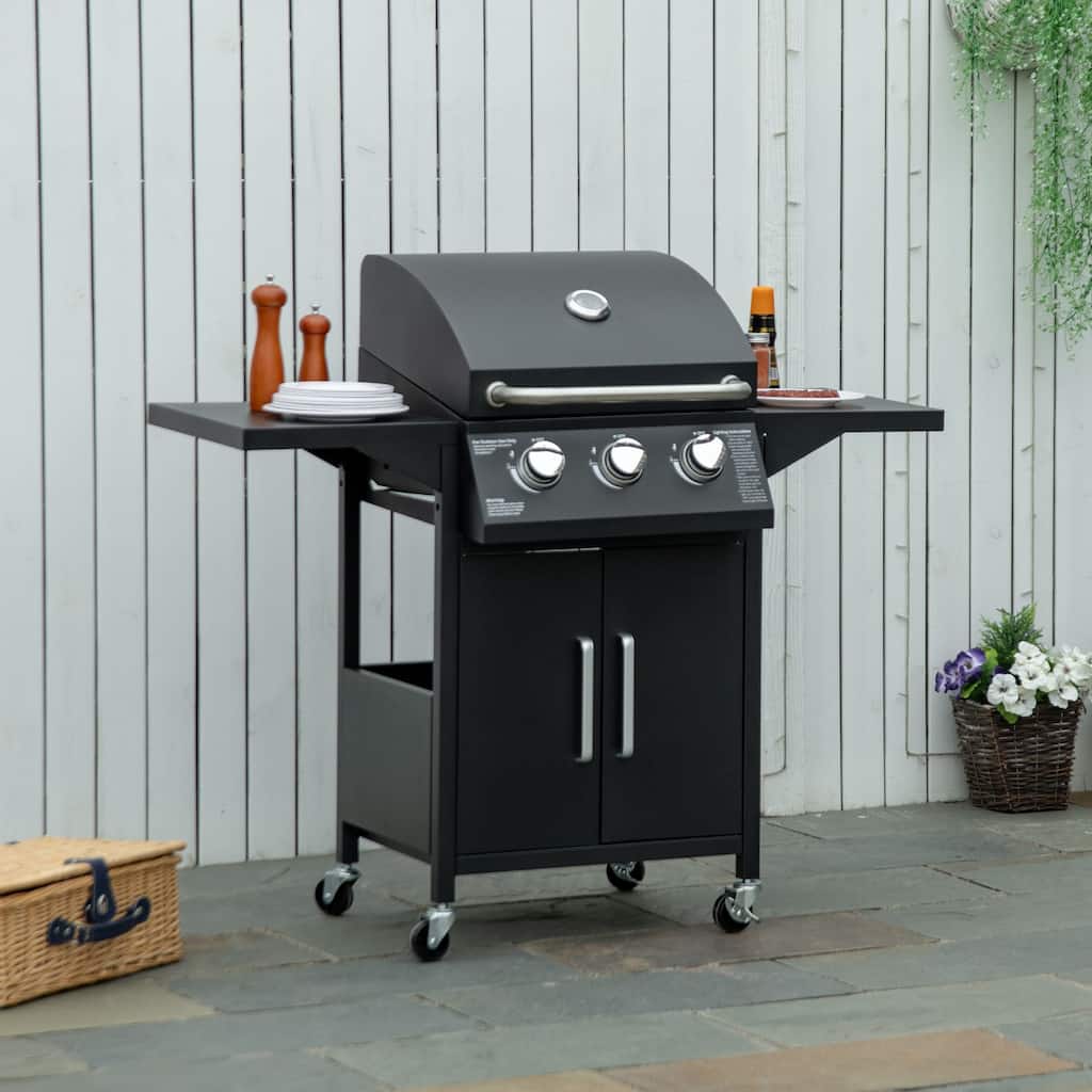 Outsunny 3 Burner Gas Grill, Outdoor Portable Propane Grill with Wheels, Carbon Steel Barbecue Trolley with Warming Rack, Side