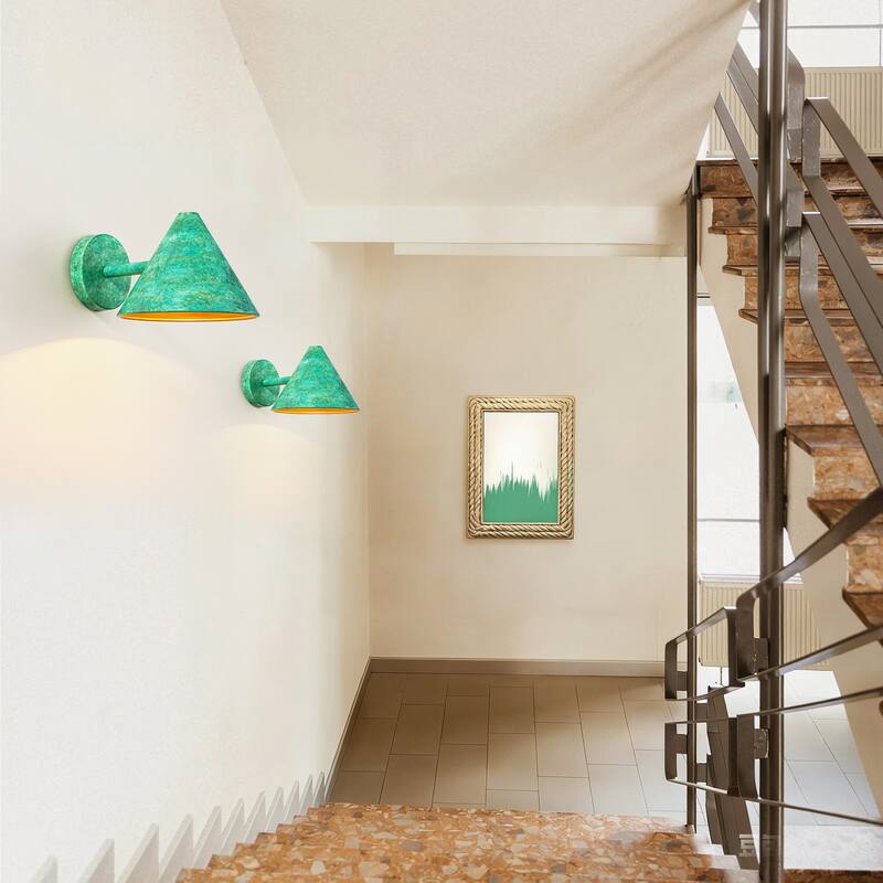 Rennnsan 1-Light Farmhouse Distressed Green Metal Shade Cone Wall Sconce with Gold Interior Accent