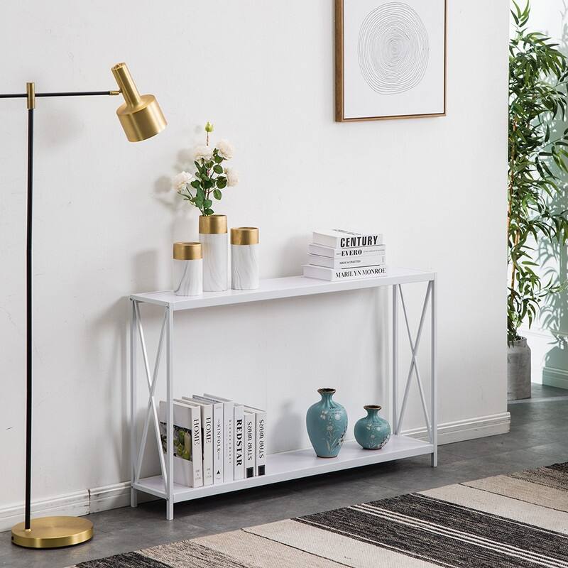 Iron Frame Wood Grain Side Table - White