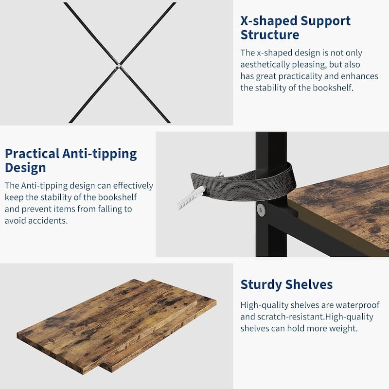 Triple Column 5-Tier Bookshelf, Rustic Bookcase with 14 Open Adjustable Shelves