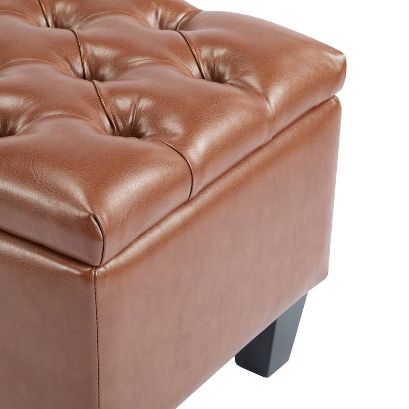 Roomfitters Tufted Storage Ottoman Bench, Faux Leather Upholstered Seat with Wood Legs, Entryway or Bedroom Use