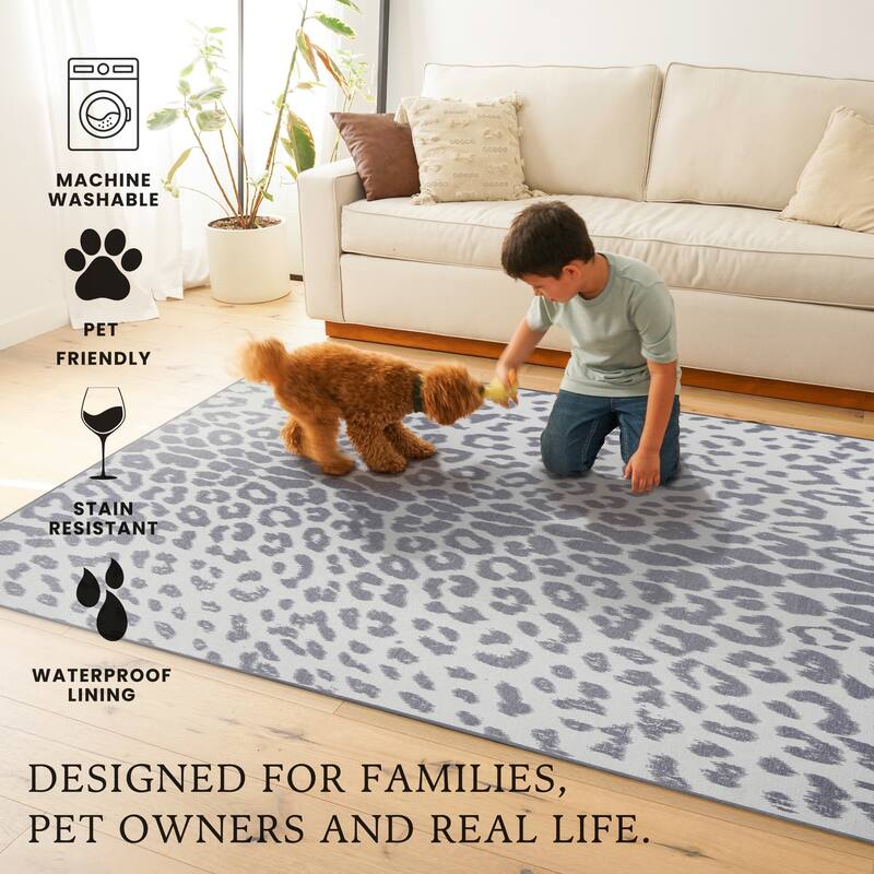 My Magic Carpet Miya Leopard Grey Machine Washable Rug