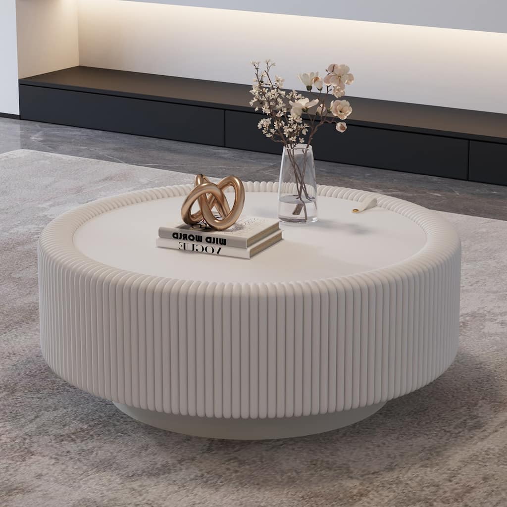 31.5 in Round Fluted Coffee Table with Tempered Glass Top and Hidden Storage