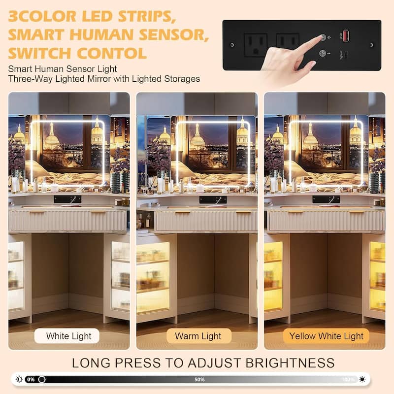 Corner Vanity Desk with 3 Way Mirror and Lights