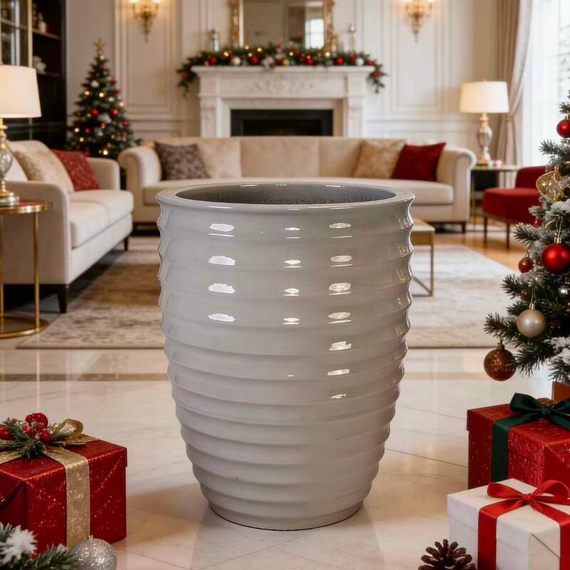 Handmade Ceramic Planter, 17 Inch Diameter, 1 Piece, Horizontal Ripples Pattern