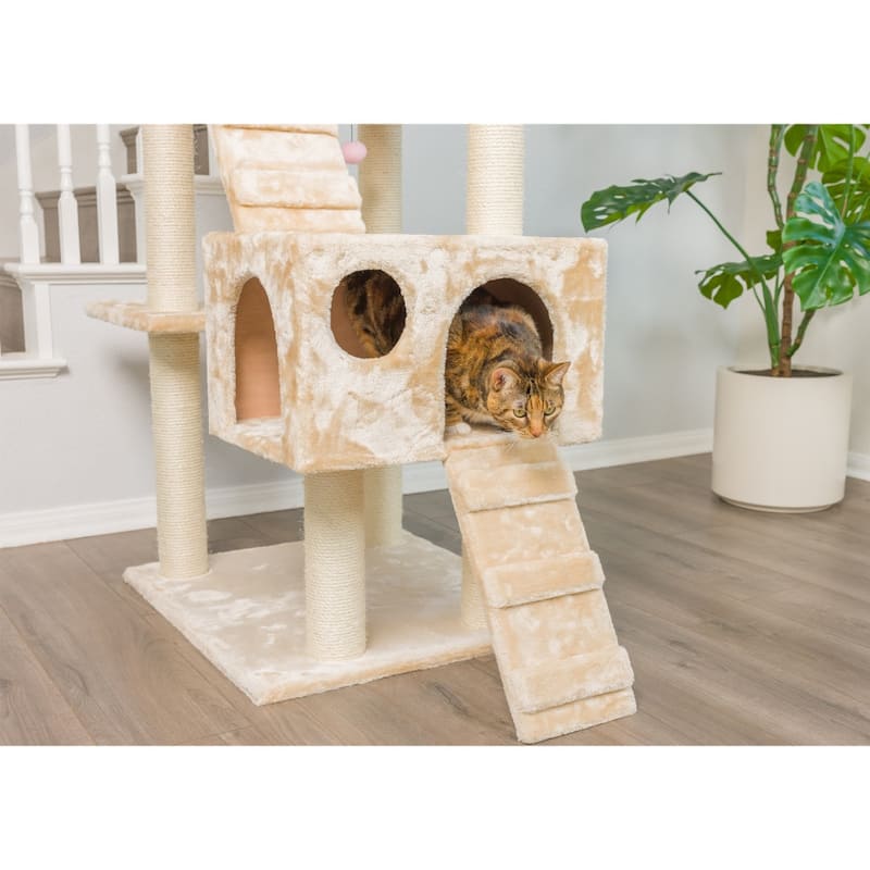 74" Multi-Level Wood Cat Tree Play Furniture With ScratchhIng Posts - Beige