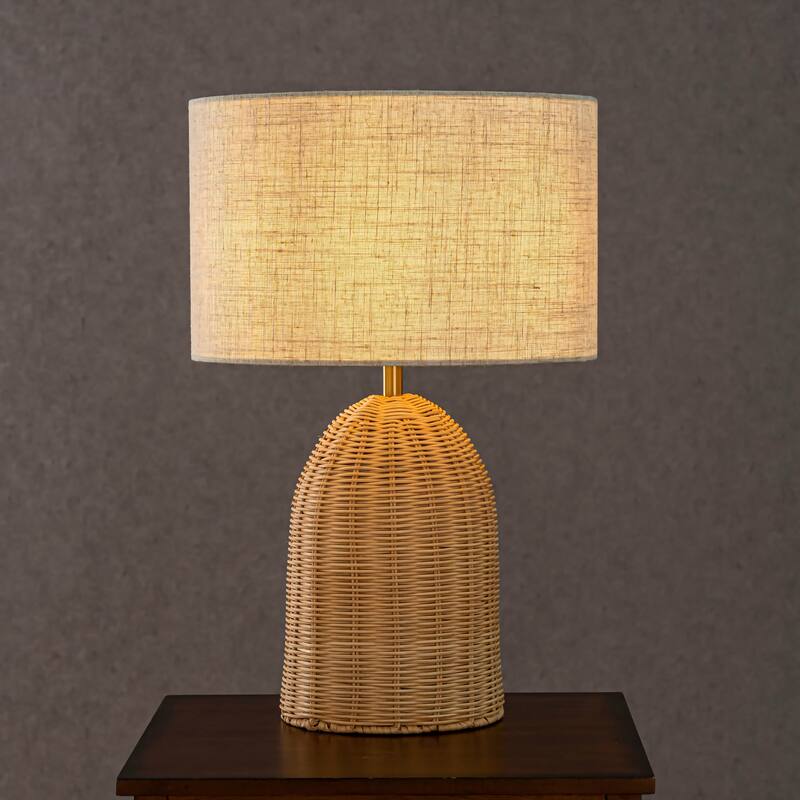 CraftHome 20'' Natural Rattan Bedside Table Lamp Coastal Nightstand Lamp with Classic Beige Fabric Shade for Bedroom - W13'' - Aged Brass  - W13''
