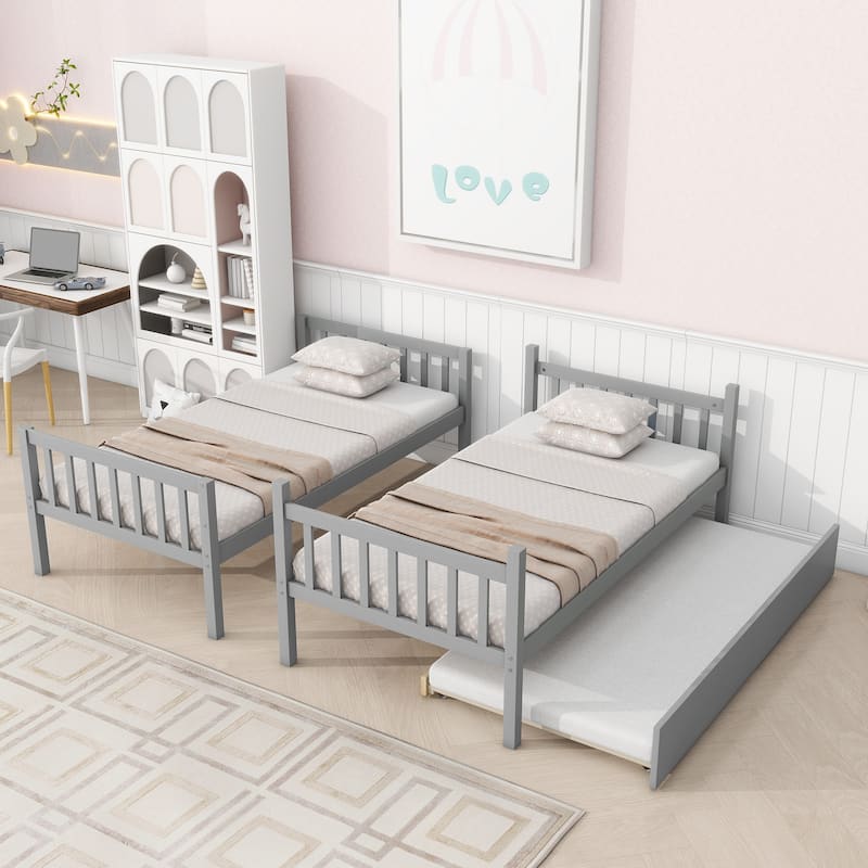 Twin Over Twin Rubberwood Bunk Bed with Pull-Out Trundle, Convertible into Two Separate Beds, Ladder and Safety Guardrails